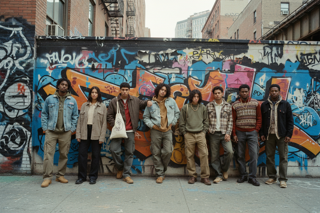 A diverse group of young men and women wearing thrifted streetwear and vintage clothing, standing confidently against a colorful urban graffiti wall, oversized jackets, hoodies, denim, cargo pants, neutral and earthy tones mixed with bold colors, relaxed poses, editorial fashion shoot, natural daylight, gritty city background, cinematic composition, realistic photography, high detail, 35mm lens, fashion campaign style